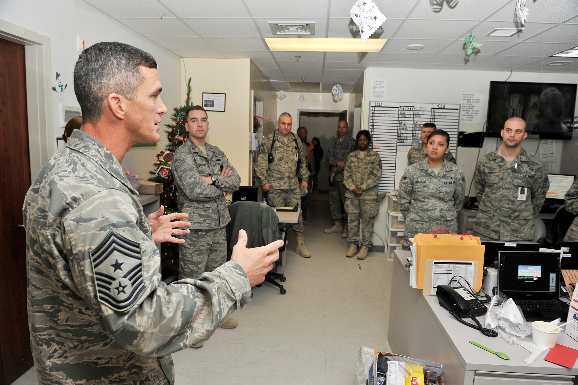 U.S. Air Forces Central Command Chief Richard A. Parsons speaks to 455th Air Expeditionary Wing Airmen at the Craig Joint Theater Hospital, Bagram Airfield, Afghanistan Dec. 18, 2010. Chief Parsons took over as the senior enlisted advisor to Lt. Gen. Michael Hostage, AFCENT commander, Dec. 12, 2010 and is currently circulating the area of operations getting to know the Airmen and their missions. (U.S. Air Force Photo/Staff Sgt. Chris Boitz)