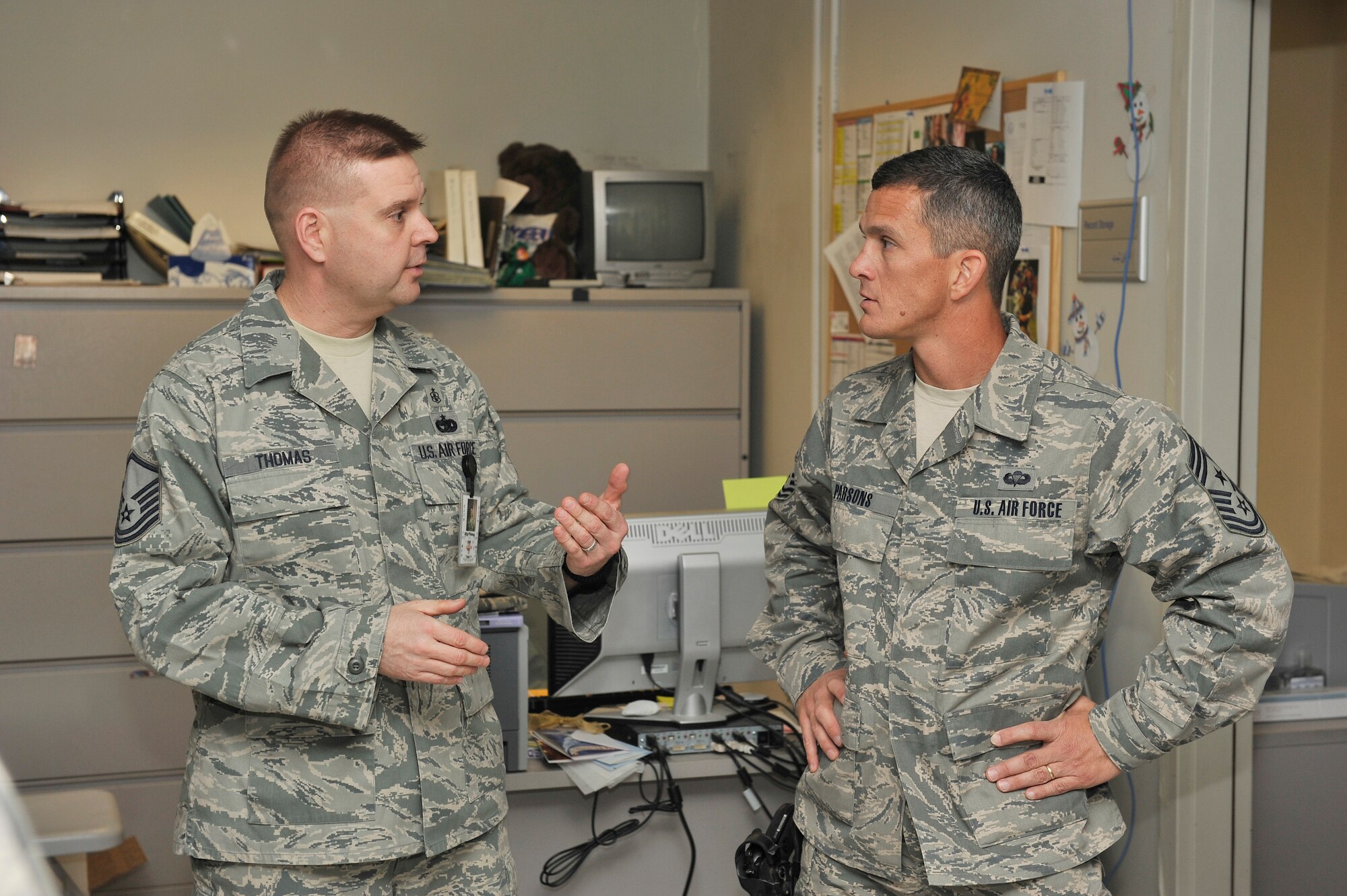 U.S. Air Forces Central Command Chief Richard A. Parsons speaks with Master Sgt. Robert Thomas, 455th Expeditionary Medical Group, at the Craig Joint Theater Hospital, Bagram Airfield, Afghanistan Dec. 18, 2010. Chief Parsons took over as the senior enlisted advisor to Lt. Gen. Michael Hostage, AFCENT commander, Dec. 12, 2010 and is currently circulating the area of operations getting to know the Airmen and their missions. (U.S. Air Force Photo/Staff Sgt. Chris Boitz)