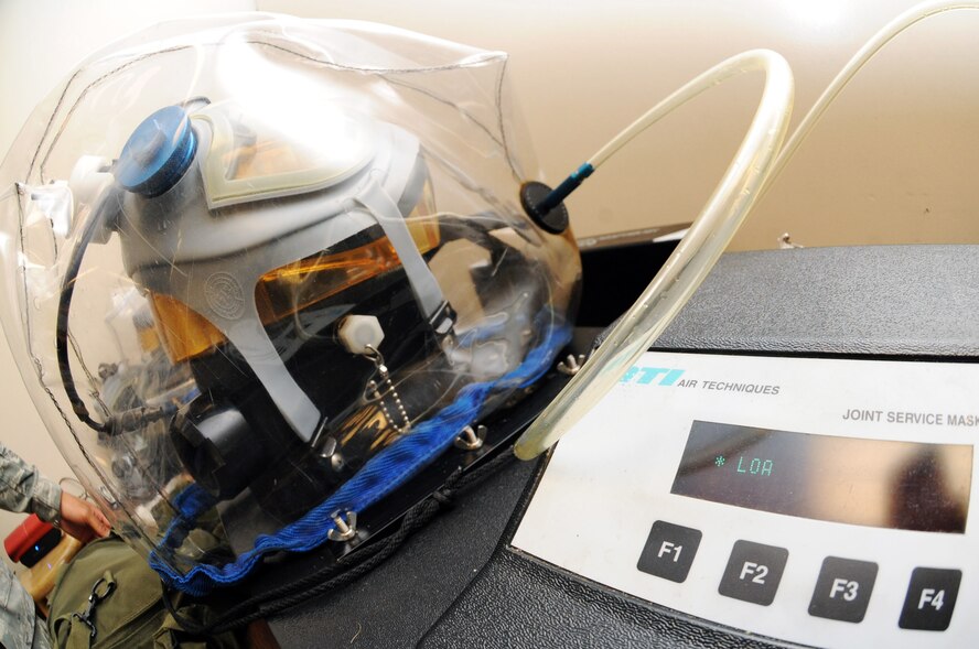 The Joint Service Mask Leakage Tester is used to ensure the gas masks are not faulty and serviceable for deployments and training purposes. The JSMLT is a portable device that is capable of determining serviceability, proper fit and identifying defective components of Chemical, Biological, Radiological and Nuclear protective masks. (U.S. Air Force photo/Senior Airman Brittany Y. Bateman)(RELEASED)