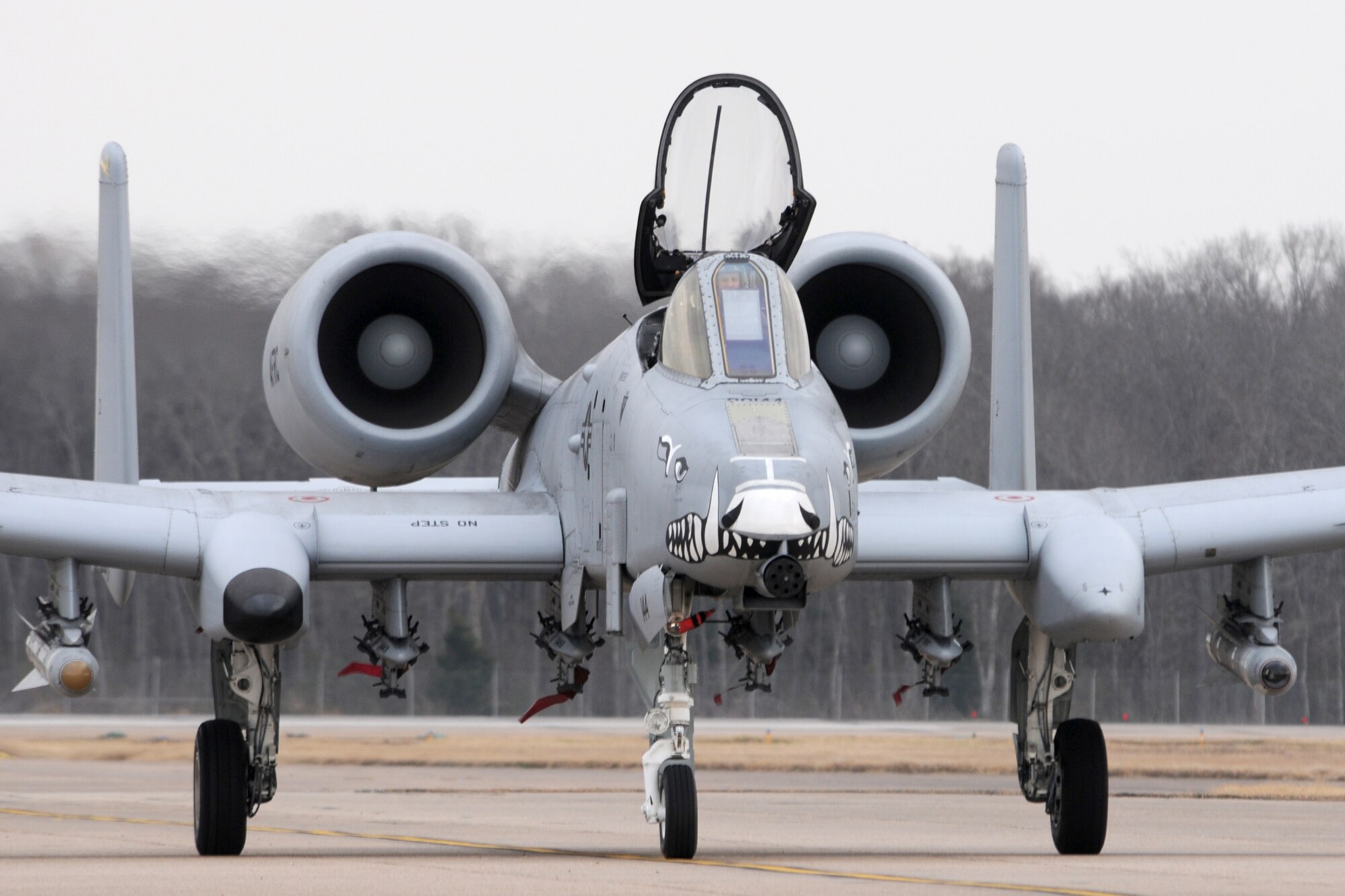 Maj. Aristotle Rabanal, 47th Fighter Squadron pilot, taxis an A-10 Thunderbolt II aircraft to its parking spot after returning from his last sortie with the squadron on Dec. 21, 2010, 917th Wing, Barksdale Air Force Base, La. (U.S. Air Force/MSgt Greg Steele)