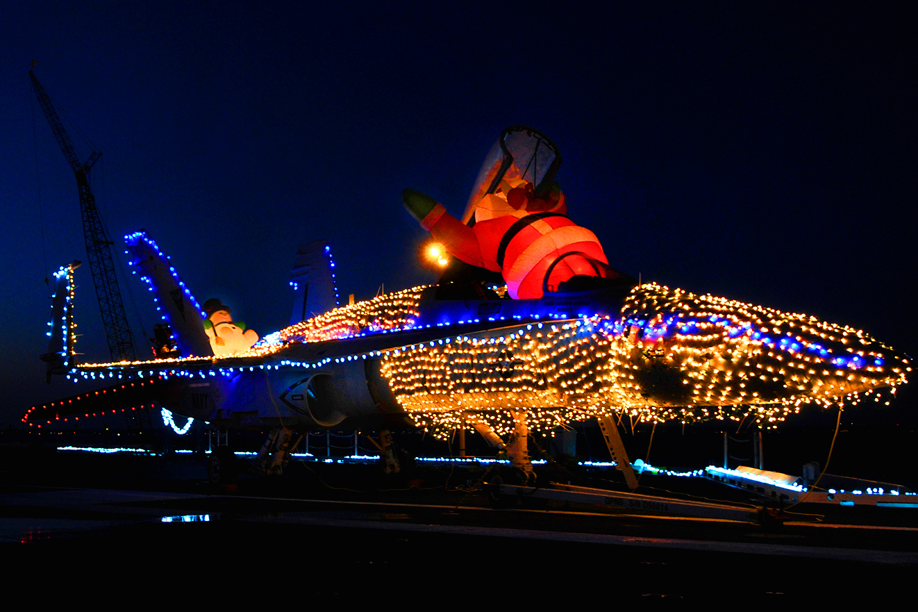 F/A18 is decorated for Christmas on the flight deck of the