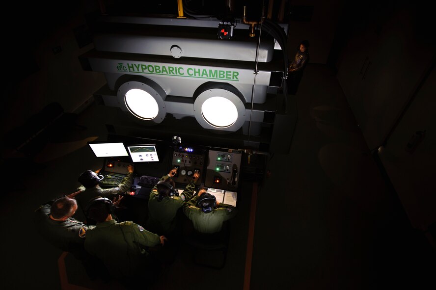 The Colombian Air Force recently built and altitude chamber for thier aircrew.. It is now in operation. Members of the physioloical team from AETC are here to make sure the Colombians prrogram meet US Air Force  requirements, therefore allowing neighboring nations to train here.(Photo by TSgt Samuel Bendet)