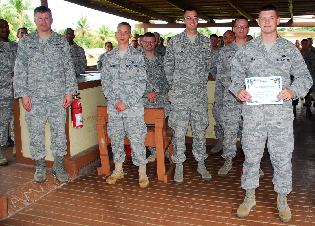 Airman 1st Class Andrew Leo, 36th Munitions Squadron, stands with his peers after being awarded Andersen's Best here Dec. 27.  Airman Leo was recognized for his superb job performance in which he has managed 2,000 job orders, the status of 40 personnel, and 15 vehicles.  (U.S. Air Force photo/Staff Sgt. Jamie Powell)  