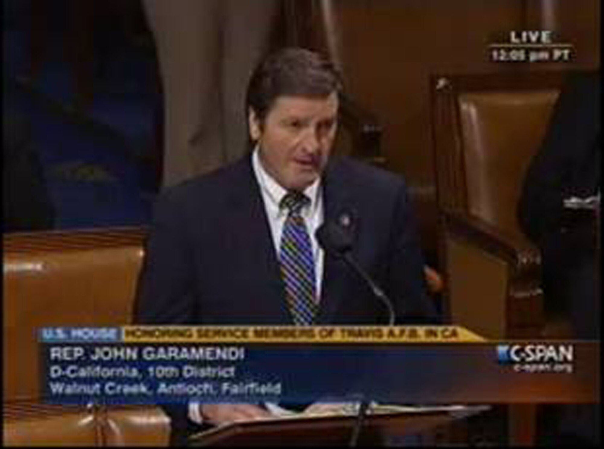 TRAVIS AIR FORCE BASE, Calif. -- Congressman John Garamendi (D-Walnut Creek, CA), a member of the House Armed Services Committee, is pleased to announce that House Resolution 1585, his resolution honoring the people of Travis Air Force Base, passed the House of Representatives by an 408-0 vote. Garamendi is proud to represent Travis in Congress. (courtesy photo) 

