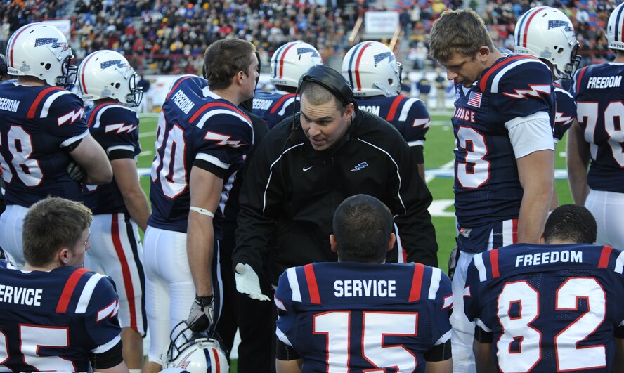 Ben Miller, Air Force Academy offensive coach, talks strategy with his players during the 2010 AdvoCare V100 Independence Bowl at Independence Stadium in Shreveport, La., Dec.28. The AFA Falcons defeated the Georgia Tech yellow jackets with a score of 14-7.(U.S. Air Force photo/Airman 1st Class Sean Martin)(Released)