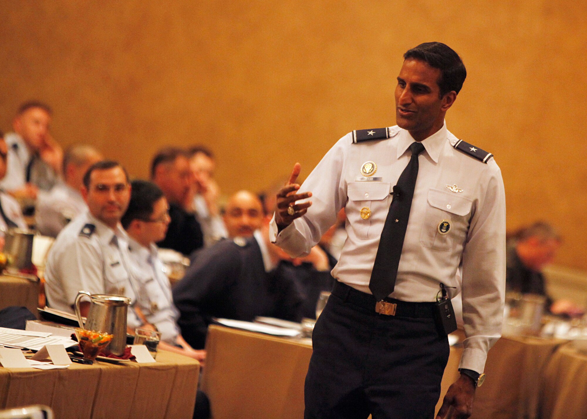 Brig. Gen. Balan R. Ayyar, Air Force Recruiting Service commander, speaks to more than 120 AFRS personnel from across the nation at the 2010 Leadership Conference held in San Antonio, Texas. The annual event included prominent guest speakers such as Tommy Lasorda and former Chief Master Sergeant of the Air Force, Robert Gaylor.  (U.S. Air Force photo/Tech. Sgt. Jeffrey Wolfe)