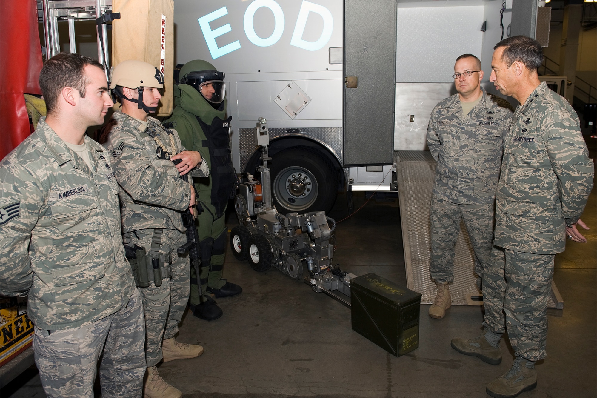Lt. Gen. Larry D. James, 14th Air Force commander (right) gets an informational briefing on the 21st Civil Engineer Squadron Explosive Ordnance Disposal mission. EOD is one of Peterson Air Force Base’s emergency responders, which protect the base and its assets. The 21st EOD was just one of many stops General James made during a tour of Peterson Air Force Base Dec. 17. General James will relinquish command of the 14th AF in January for his new assignment as deputy chief of staff, Intelligence, Surveillance and Reconnaissance, Headquarters U.S. Air Force, at the Pentagon. (U.S. Air Force photo/Craig Denton)