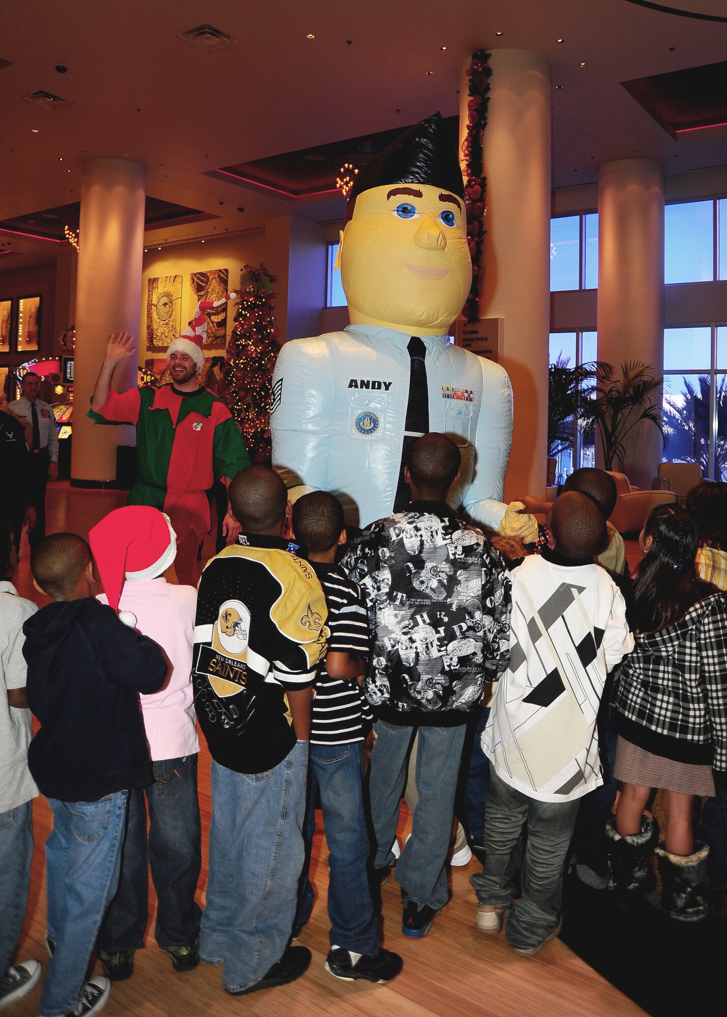 Children from the local community rush up to greet Airman Andy at Hard Rock Casino Biloxi.  Airman Andy was present at a recent community event. (U.S. Air Force photo by Staff Sgt. Yolanda Addison)