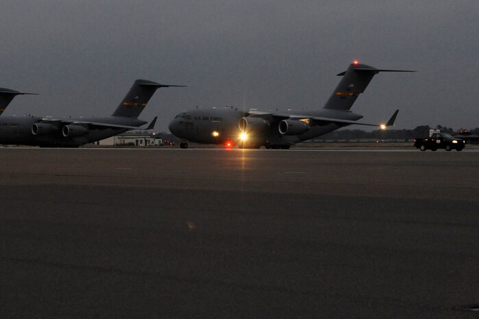 Air Force Brig. Gen. Carlton D. Everhart II taxis the newest C-17 Globemaster III aircraft on the Joint Base Charleston, S.C., flightline Dec. 22, 2010. The arrival of the aircraft brings the total number of C-17s assigned to the 437th Airlift Wing to 59. General Everhart is the 618th Air and Space Operations vice commander. (U.S. Air Force photo/Staff Sgt. Marie Brown)