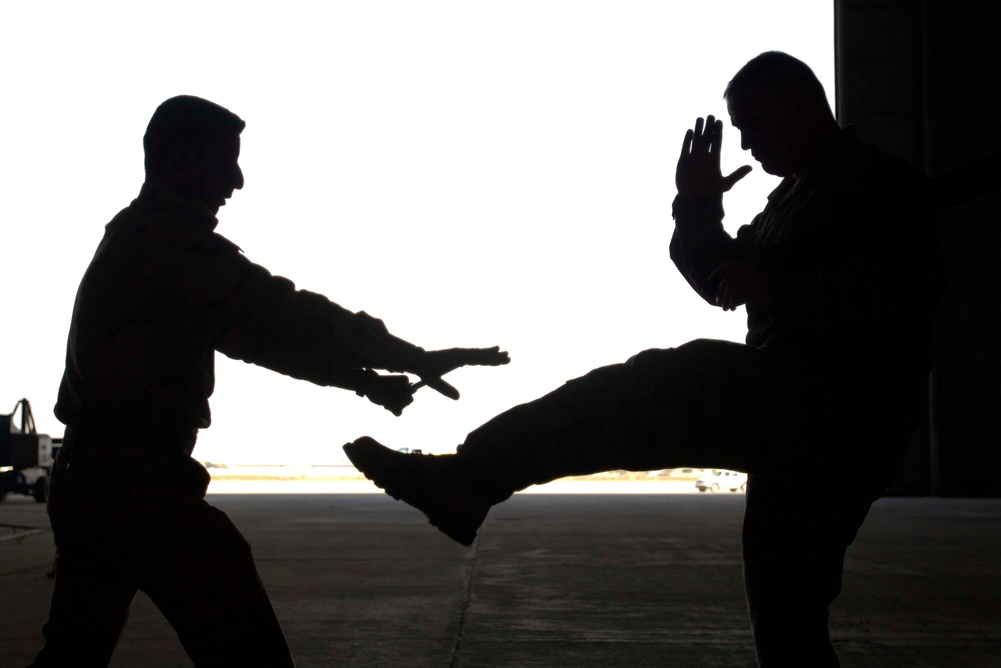 Staff Sgt. Timothy DeTerra, New Al-Muthana Air Base Transition Team member, attempts to kick a member of the Iraqi Air Force during a training session Dec. 23.  This training is the first of its kind held at NAMAB, and promises to help the IqAF build a reliable and secure force in the year ahead.  (U.S. Air Force photo by Tech. Sgt. Randy Redman, Released)
