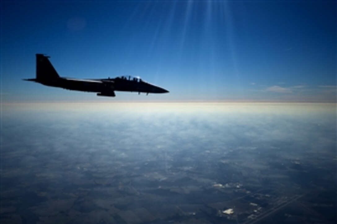 A U.S. Air Force F-15E Strike Eagle aircraft flies over North Carolina during a training mission on Dec. 17, 2010.  The Strike Eagle is assigned to the 335th Fighter Squadron.  