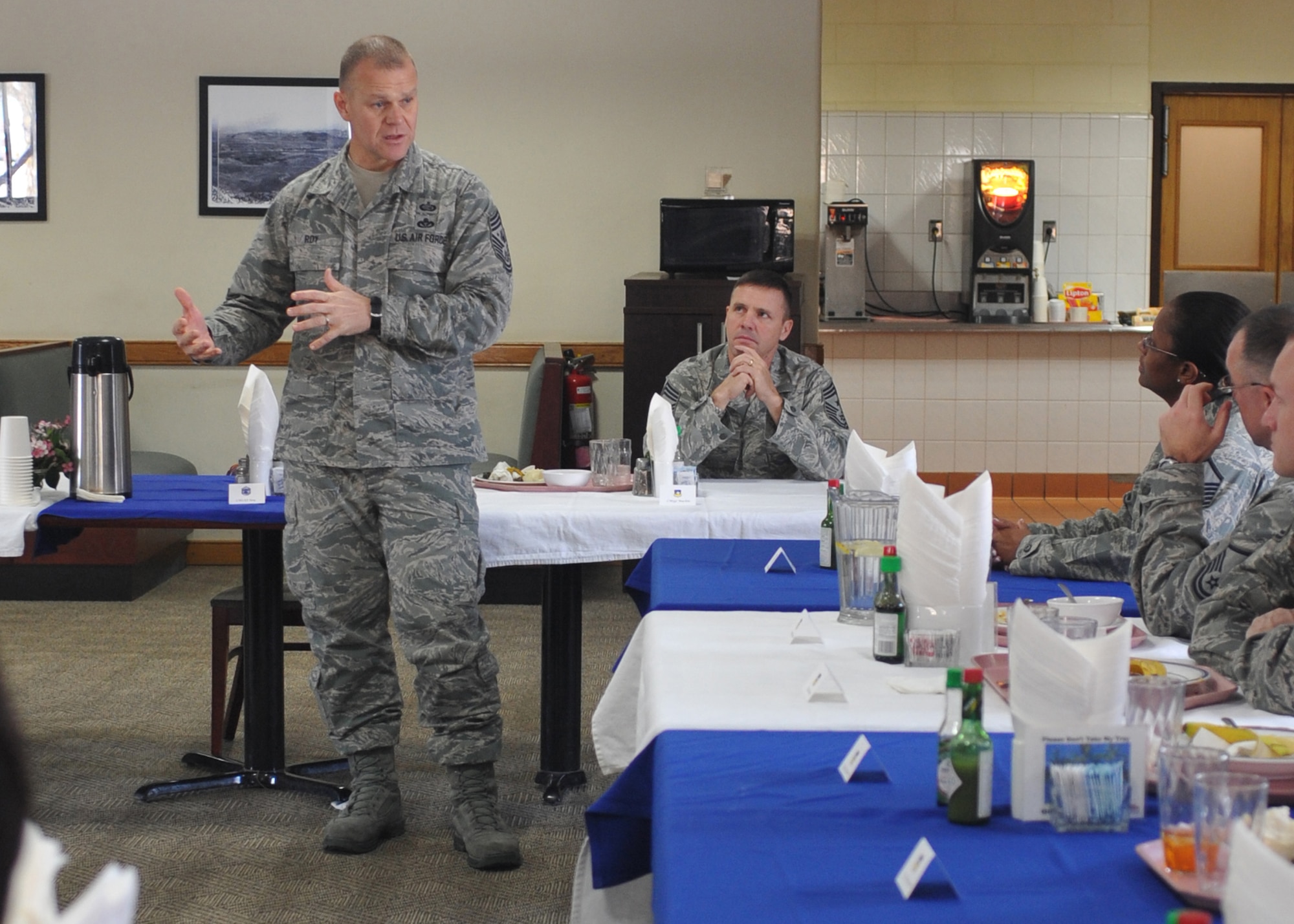 Chief Master Sgt. of the Air Force James Roy addresses 51st Fighter Wing Airmen, Dec. 31, 2010, at Osan Air Base, Republic of Korea. Chief Roy discussed issues regarding enlisted perspective and key issues across the Air Force. (U.S. Air Force photo/Senior Airman Evelyn Chavez)