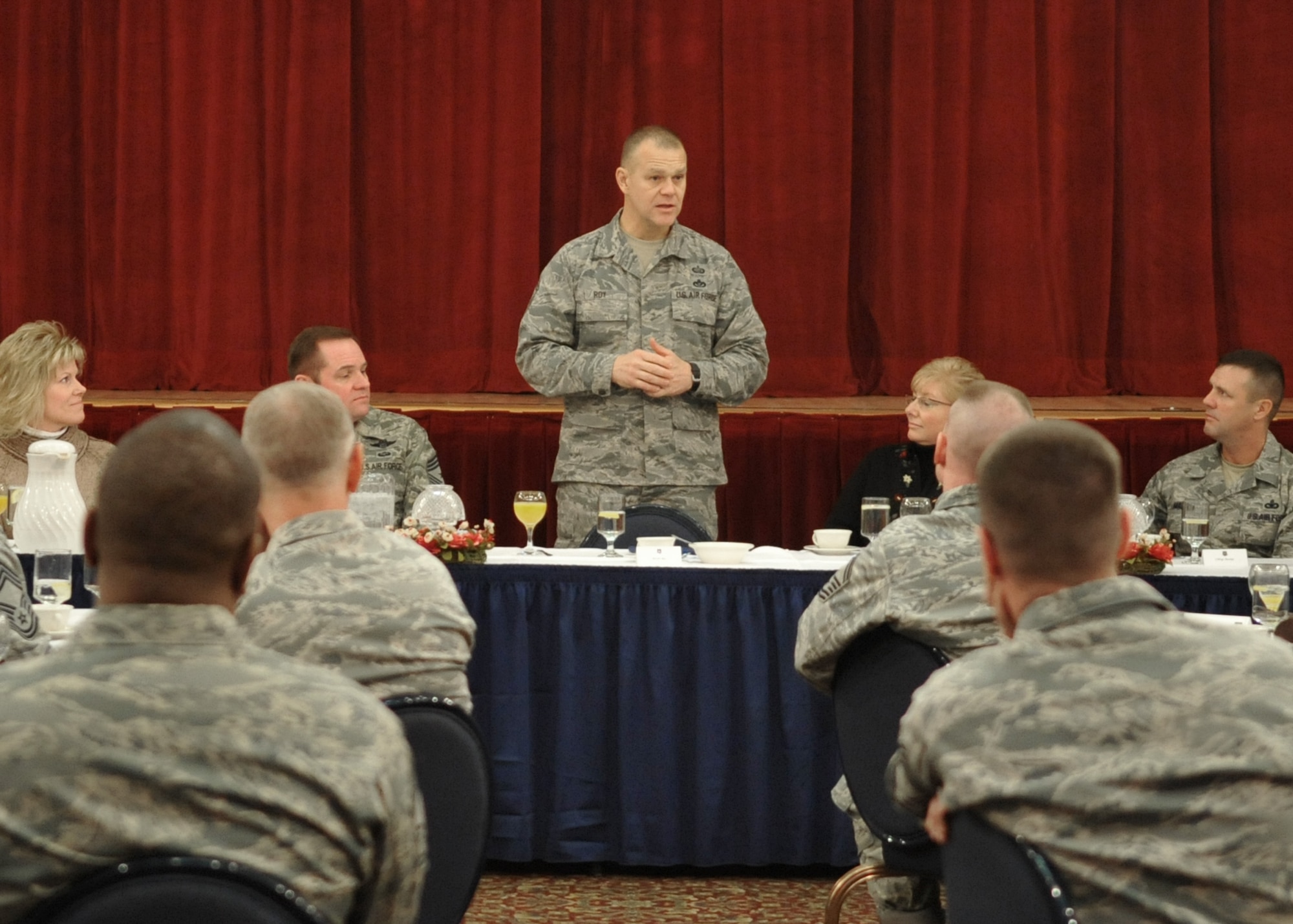 Chief Master Sgt. of the Air Force James Roy addresses Chiefs' group members and spouses, Dec. 31, 2010, at Osan Air Base, Republic of Korea. Chief Roy discussed issues regarding enlisted perspective and key issues across the Air Force. (U.S. Air Force photo/Senior Airman Evelyn Chavez)