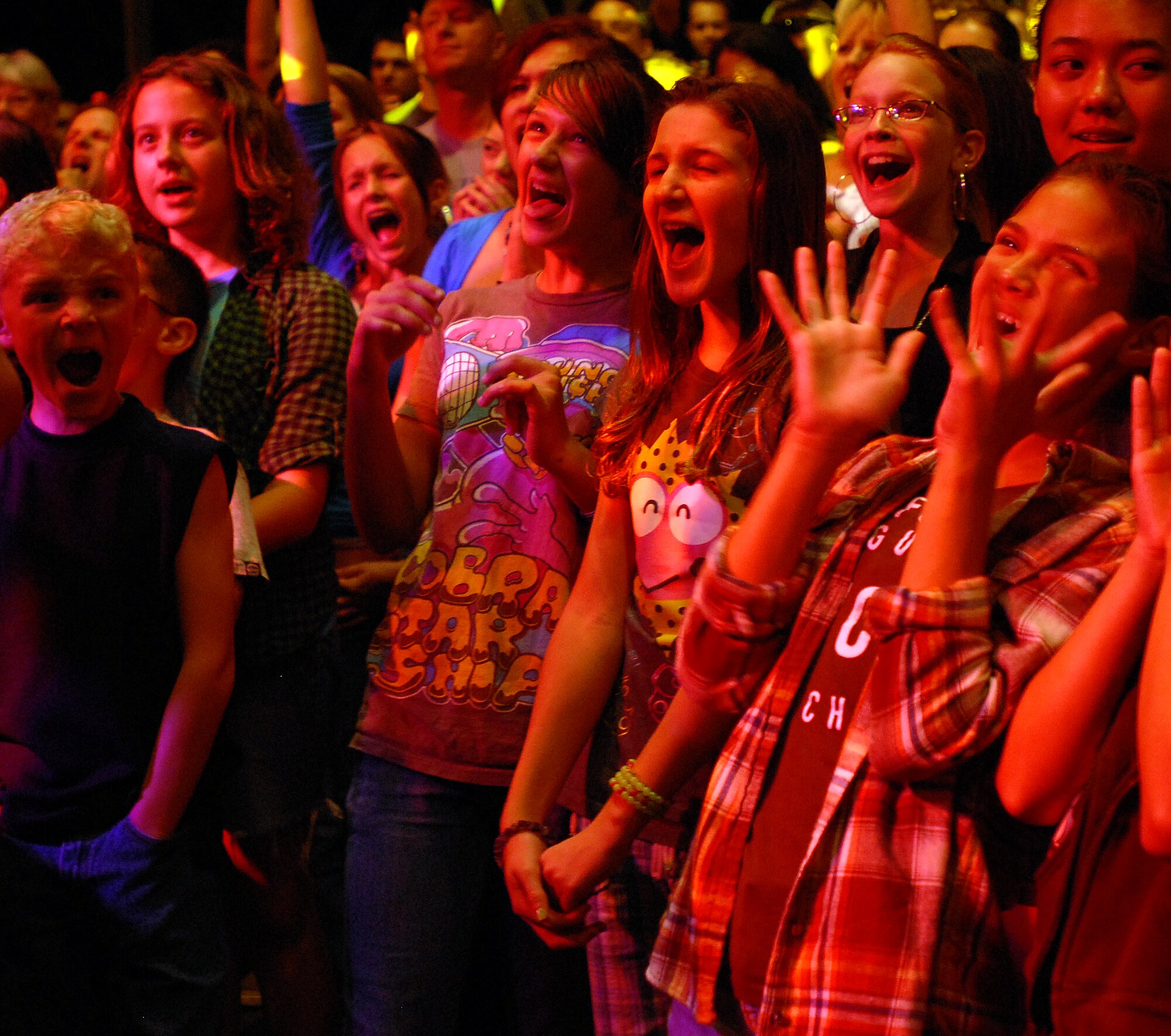 HICKAM AIR FORCE BASE, Hawaii -- The youth of Hickam scream for Gary Sinise and the Lt. Dan Band concert Jan. 30 at Freedom Tower. The band performed songs such as Lynard Skynard?s Sweet Home Alabama, Jimi Hendrix Purple Haze and Led Zeppelin?s Rock and Roll. More than 4,000 people were on hand for the USO and Triwest sponsored concert. (U.S. Air Force photo/Staff Sgt. Mike Meares)