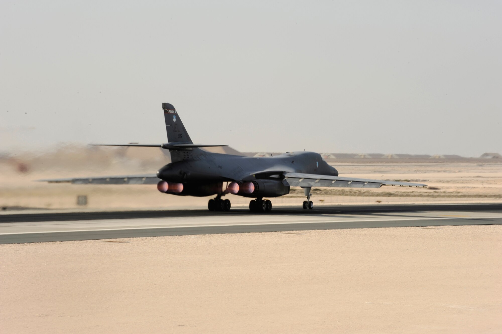 A B-1B Lancer aircrew, assigned to the 37th Expeditionary Bomb Squadron, takes off for the last mission of their six-month deployment Jan. 23, 2010, at an air base in Southwest Asia. (U.S. Air Force photo/Staff Sgt. Manuel J. Martinez)
