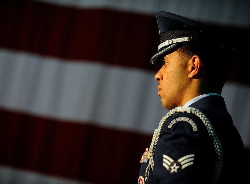 MOODY AIR FORCE BASE, Ga. -- Senior Airman Larry Best, Moody Air Force Base Honor Guard member, folds the American flag during the 2009 Annual Awards Ceremony held at the James H. Rainwater Conference Center in Valdosta, Ga., Jan. 30. After the flag folding ceremony it was placed on the fallen warrior memorial. (U.S. Air Force photo by Senior Airman Gina Chiaverotti-Paige)