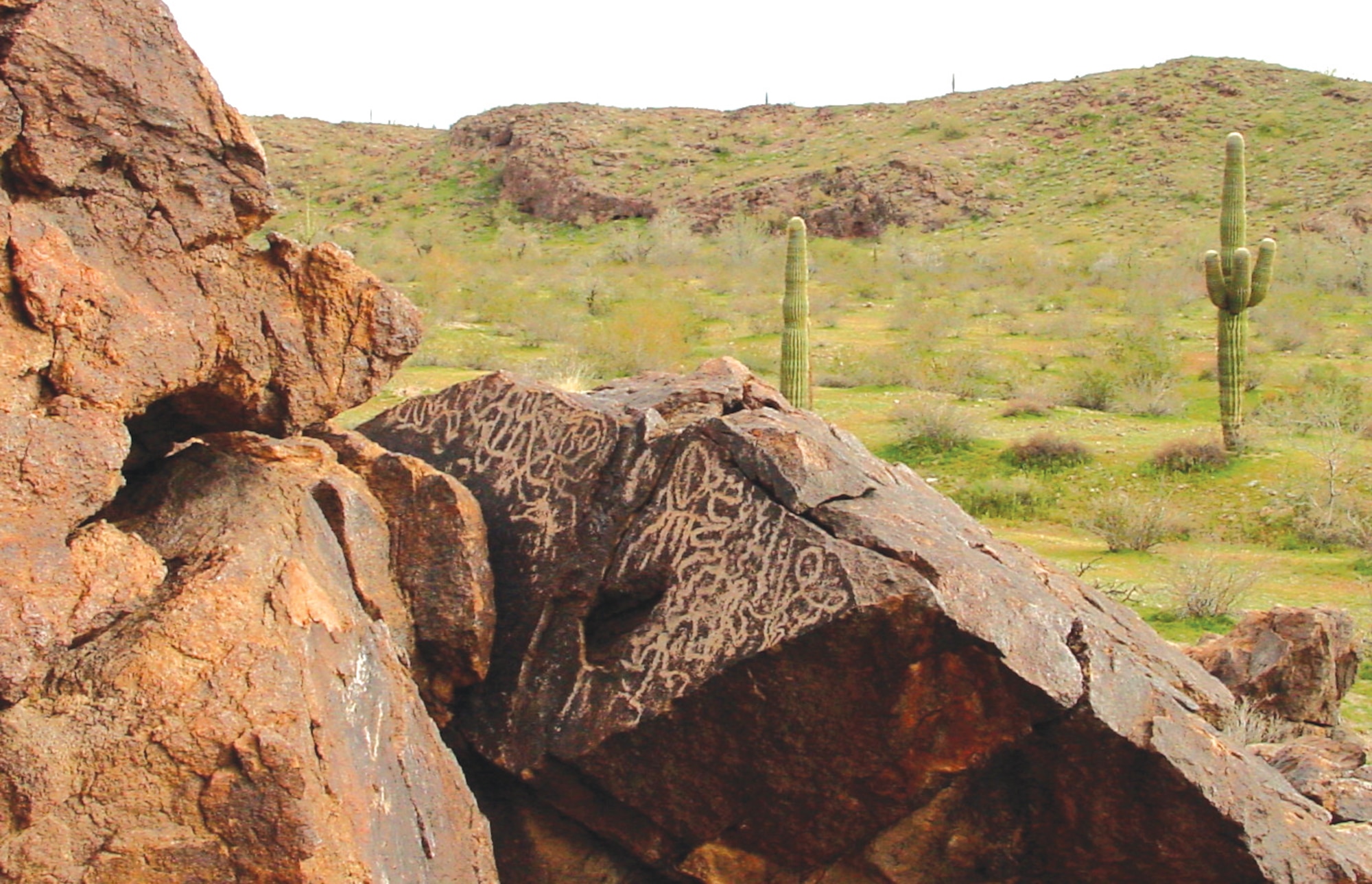 A petroglyph (rock art) called “Traveling Man” can be found on the Barry M. Goldwater Range – East. The 56th Range Management office has been charged with preserving cultural history on the range. This is one of numerous archaeological sites. (courtesy photo)