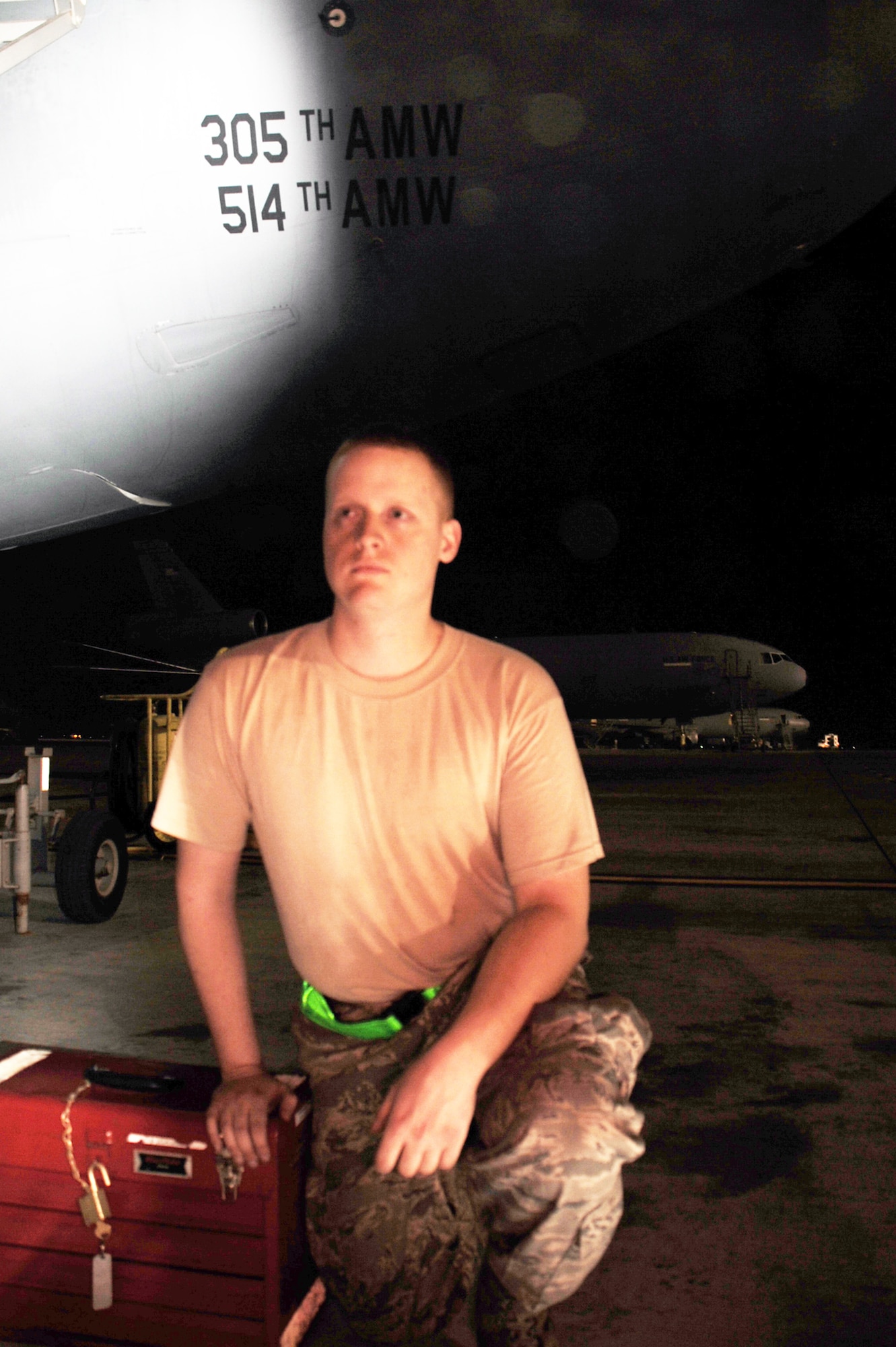 Airman 1st Class Garret Coleman is a KC-10 Extender maintenance Airman with the 380th Expeditionary Aircraft Maintenance Squadron at a non-disclosed base in Southwest Asia. Here he is pictured on Jan. 31, 2010.  Airman Coleman is deployed from the 605th Aircraft Maintenance Squadron at Joint Base McGuire-Dix-Lakehurst, N.J., and his hometown is Springfield, Mo.  (U.S. Air Force Photo/Master Sgt. Scott T. Sturkol/Released)
