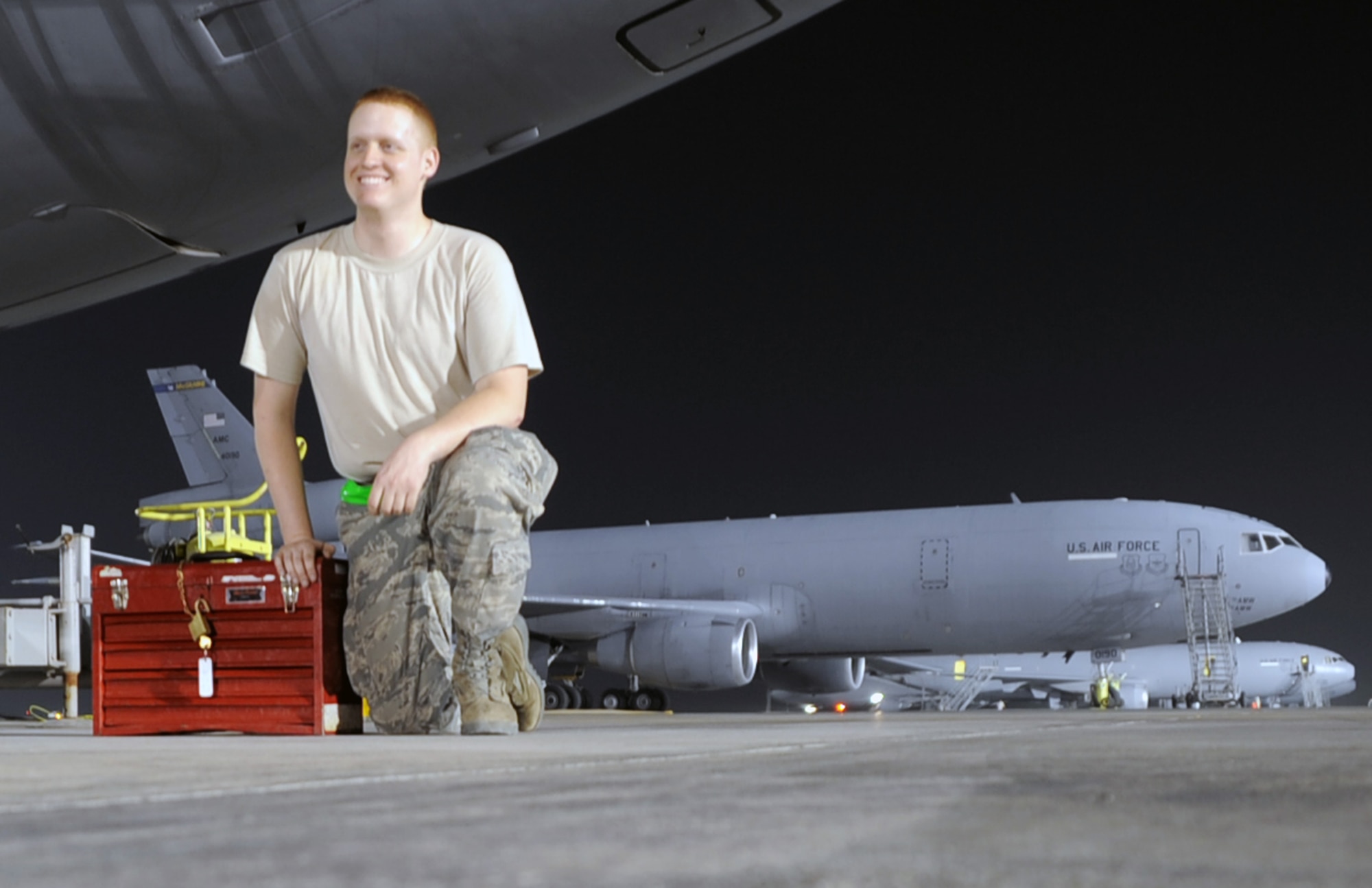 Airman 1st Class Garret Coleman is a KC-10 Extender maintenance Airman with the 380th Expeditionary Aircraft Maintenance Squadron at a non-disclosed base in Southwest Asia. Here he is pictured on Jan. 31, 2010.  Airman Coleman is deployed from the 605th Aircraft Maintenance Squadron at Joint Base McGuire-Dix-Lakehurst, N.J., and his hometown is Springfield, Mo.  (U.S. Air Force Photo/Master Sgt. Scott T. Sturkol/Released)