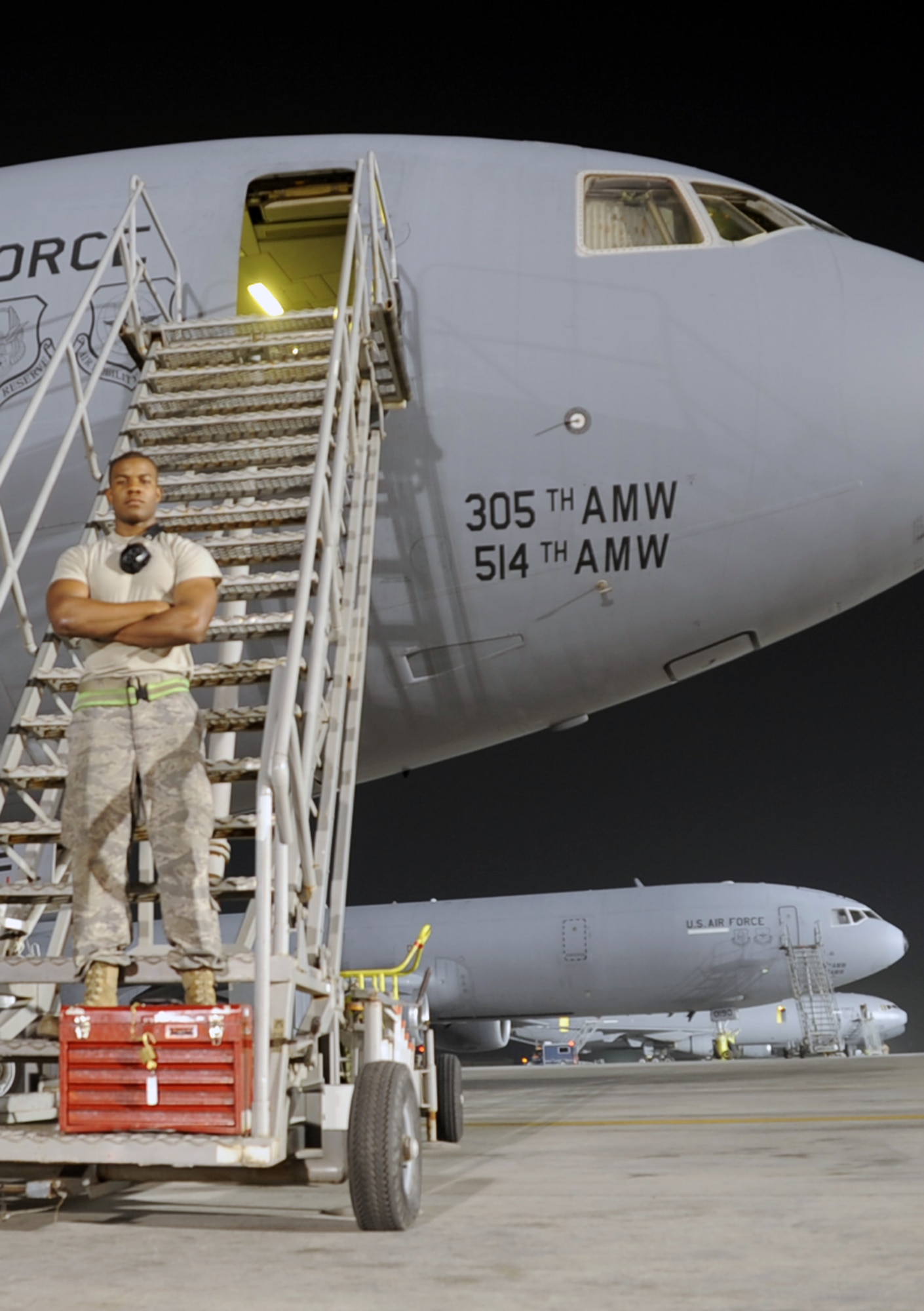 Senior Airman Justin Lassiter is a KC-10 Extender aerospace propulsion journeyman deployed with the 380th Expeditionary Aircraft Maintenance Squadron at a non-disclosed base in Southwest Asia. Here he is pictured on Jan. 31, 2010.  His primary mission is to fix and maintain KC-10 aircraft engines and systems. He is on his third deployment with the 380th EAMXS. Airman Lassiter is deployed from the 605th Aircraft Maintenance Squadron at Joint Base McGuire-Dix-Lakehurst, N.J., and his hometown is Wilson, N.C. (U.S. Air Force Photo/Master Sgt. Scott T. Sturkol/Released)