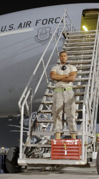 Senior Airman Justin Lassiter is a KC-10 Extender aerospace propulsion journeyman deployed with the 380th Expeditionary Aircraft Maintenance Squadron at a non-disclosed base in Southwest Asia. Here he is pictured on Jan. 31, 2010.  His primary mission is to fix and maintain KC-10 aircraft engines and systems. He is on his third deployment with the 380th EAMXS. Airman Lassiter is deployed from the 605th Aircraft Maintenance Squadron at Joint Base McGuire-Dix-Lakehurst, N.J., and his hometown is Wilson, N.C. (U.S. Air Force Photo/Master Sgt. Scott T. Sturkol/Released)