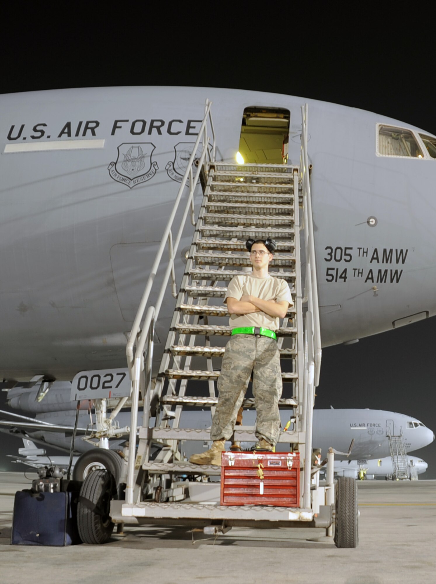 Senior Airman Clinton King is a KC-10 Extender maintenance Airman with the 380th Expeditionary Aircraft Maintenance Squadron at a non-disclosed base in Southwest Asia. Here he is pictured Jan. 31, 2010.  Airman King is deployed from the 605th Aircraft Maintenance Squadron at Joint Base McGuire-Dix-Lakehurst, N.J., and his hometown is Youngsville, N.C.  (U.S. Air Force Photo/Master Sgt. Scott T. Sturkol/Released)