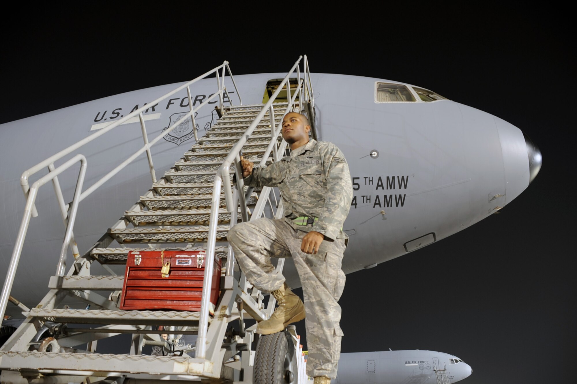 Senior Airman Justin Lassiter is a KC-10 Extender aerospace propulsion journeyman deployed with the 380th Expeditionary Aircraft Maintenance Squadron at a non-disclosed base in Southwest Asia. Here he is pictured on Jan. 31, 2010.  His primary mission is to fix and maintain KC-10 aircraft engines and systems. He is on his third deployment with the 380th EAMXS. Airman Lassiter is deployed from the 605th Aircraft Maintenance Squadron at Joint Base McGuire-Dix-Lakehurst, N.J., and his hometown is Wilson, N.C. (U.S. Air Force Photo/Master Sgt. Scott T. Sturkol/Released)