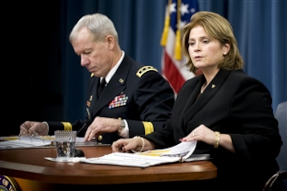 Military Deputy for Army Budget Lt. Gen. Edgar Stanton and Acting Director of Army Budget Kathleen Miller conduct a press conference to discuss the fiscal year 2011 Defense budget request and the fiscal year 2010 supplemental war funding request at the Pentagon, Feb. 1, 2010.  