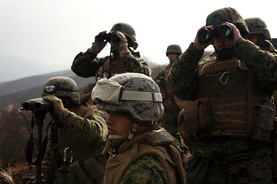 Lance Cpl. Michael K. Ryan, a scout observer with 3rd Battalion, 12th Marine Regiment, 3rd Marine Division, III Marine Expeditionary Force, Lt.Col. Sean D. Wester, the commanding officer of 3rd Bn., 12th Marines, 3d MarDiv, III MEF, 1stLt. Anthony E. Schmit, a forward observer with 3rd Bn., 12th Marines, 3d MarDiv, III MEF, and Pfc. Anthony R. Brunke, a scout observer with 3rd Bn., 12th Marines, 3d MarDiv, III MEF, observe the impact area after calling for artillery fire during the Hijudai Artillery Relocation Training Program Exercise Feb. 2.