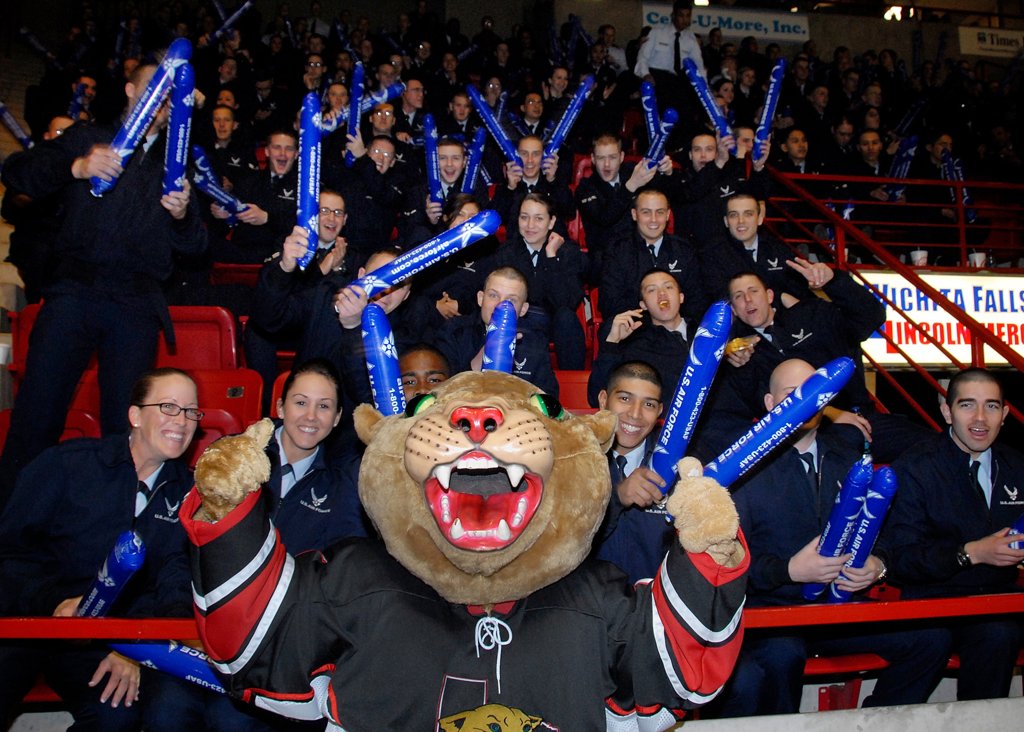Hundreds of Airmen cheer in the stands at the Wichita Falls Wildcats Military Appreciation Game Jan. 30 at the Kay Yeager Coliseum. (U.S. Air Force photo/Mike Litteken)