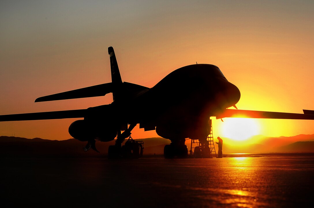 ELLSWORTH AIR FORCE BASE, S.D. -- A B-1B Lancer sits on the flightline while receiving a post-flight inspection, Nov. 9. The B-1 can rapidly deliver massive quantities of precision and non-precision weapons against any adversary, anywhere in the world. (U.S. Air Force photo/Airman 1st Class Joshua J. Seybert)
