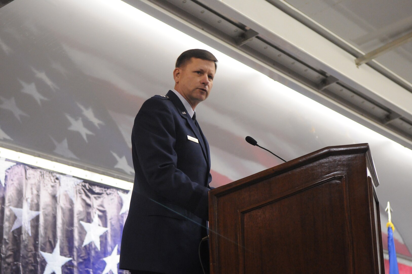 Brig. Gen. Leonard Patrick, 502d Air Base Wing commander, speaks at an activation ceremony Tuesday in Hangar 4 here where the 12th Mission Support Group inactivated and became the 902d MSG under the 502d Air Base Wing, also known as Joint Base San Antonio. The 12th MSG's four squadrons and three divisions, the 12th Comptroller Squadron and the 12th Flying Training Wing staff agencies also joined the 502d ABW during the ceremony. (U.S. Air Force photo/Rich McFadden)