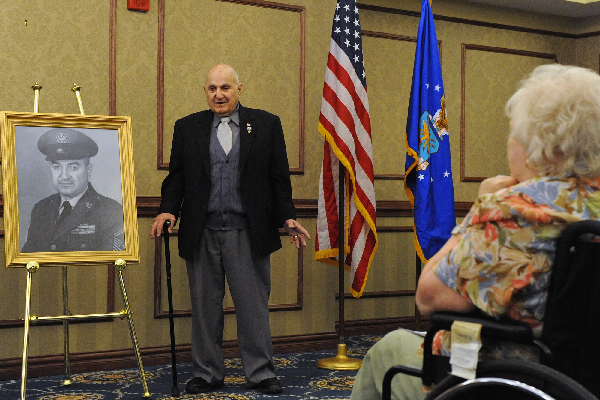 LANGLEY AIR FORCE BASE, Va. -- Retired Chief Master Sgt. Gabriel Christie speaks during the Chief's Room Induction Ceremony Feb. 2.  Chief Christie is one of the first 625 Airmen promoted to chief master sergeant, known as "Charter Chiefs."  (U.S. Air Force photo/Senior Airman Zachary Wolf)