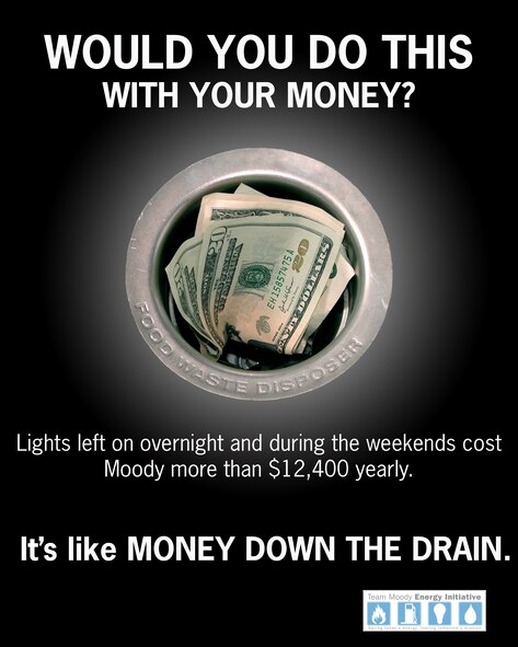 MOODY AIR FORCE, Ga. -- Moody has set a goal for fiscal 2010 to save 15 percent, or $600,000, in energy costs compared to those of fiscal 2009. Lights left on overnight and during weekends cost Moody more than $12,400 yearly. Would you let your money go down the drain? (U.S. Air Force graphic by Staff Sgt. Elizabeth Rissmiller)
