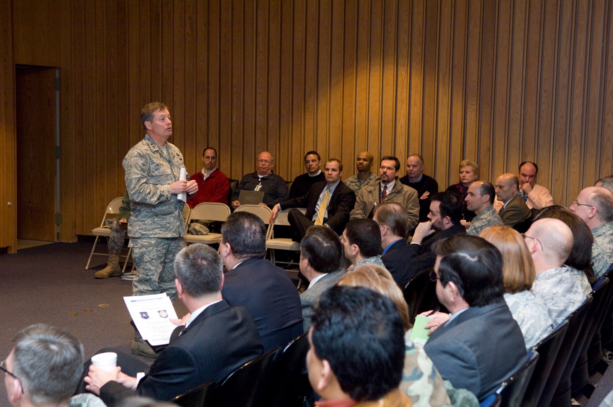 Maj. Gen. Richard Webber, commander of 24th Air Force, Lackland Air Force Base, Texas, addresses members of the 350th Electronic Systems Wing, the 653 ELSW, and of the Engineering and Capabilities Integration directorates at Hanscom AFB, Mass., Jan. 29.  The general's presentation outlined cyberspace as a global domain where operations are conducted, common mission areas are integrated across domains and mission assurance is achieved.  (U.S. Air Force photo by Mark Herlihy)