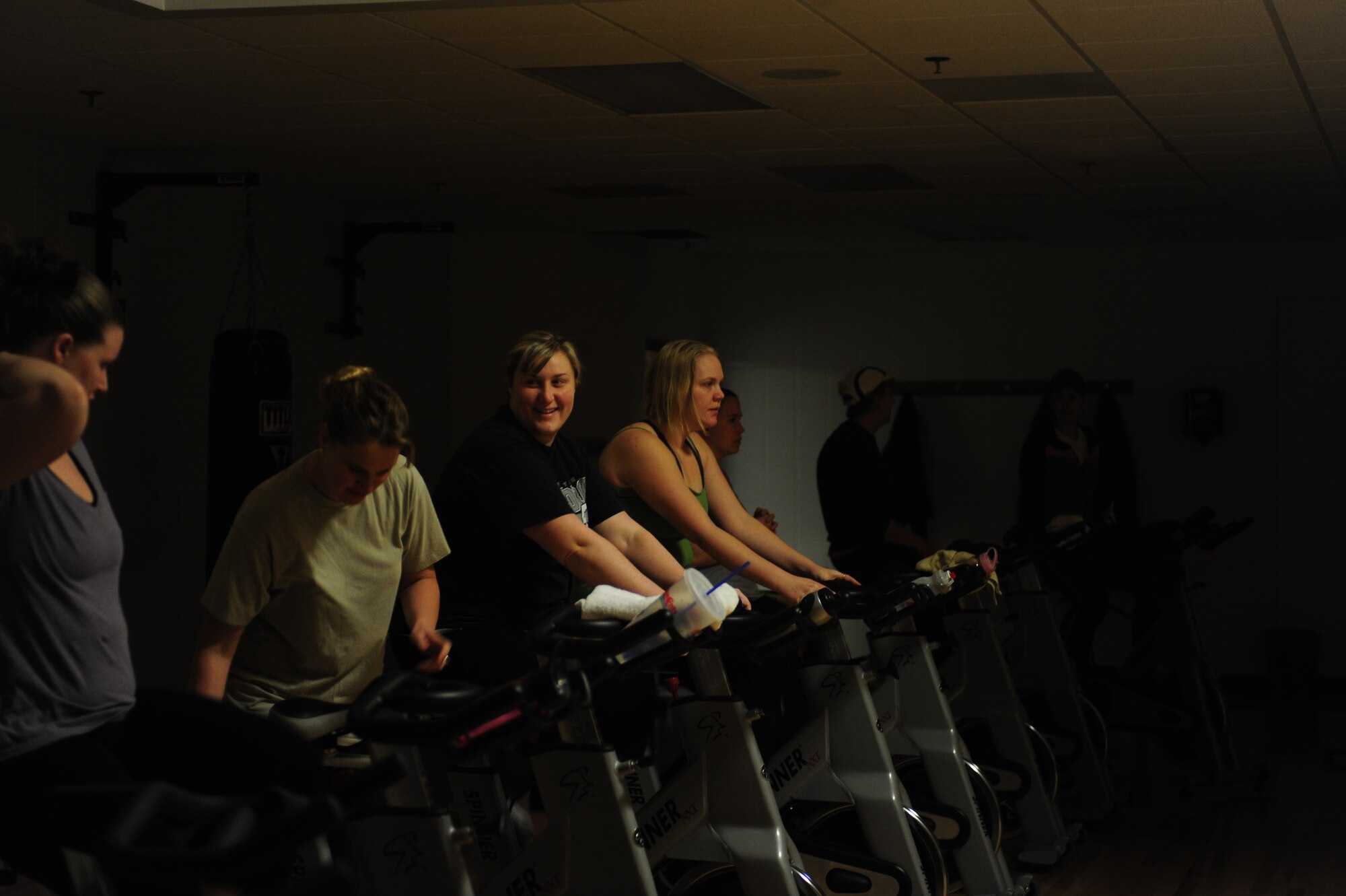 ELLSWORTH AIR FORCE BASE, S.D. -- Wives of deployed Airmen prepare for a rigorous spin class at the Bellamy Fitness Center, Feb. 2.  The Bellamy Fitness and Airman and Family Readiness Centers are sponsoring a 14-week program, called "Freedom Miles," designed to encourage the spouses of deployed Airmen to stay active during the deployment. (U.S. Air Force photo/Airman 1st Class Anthony Sanchelli)
