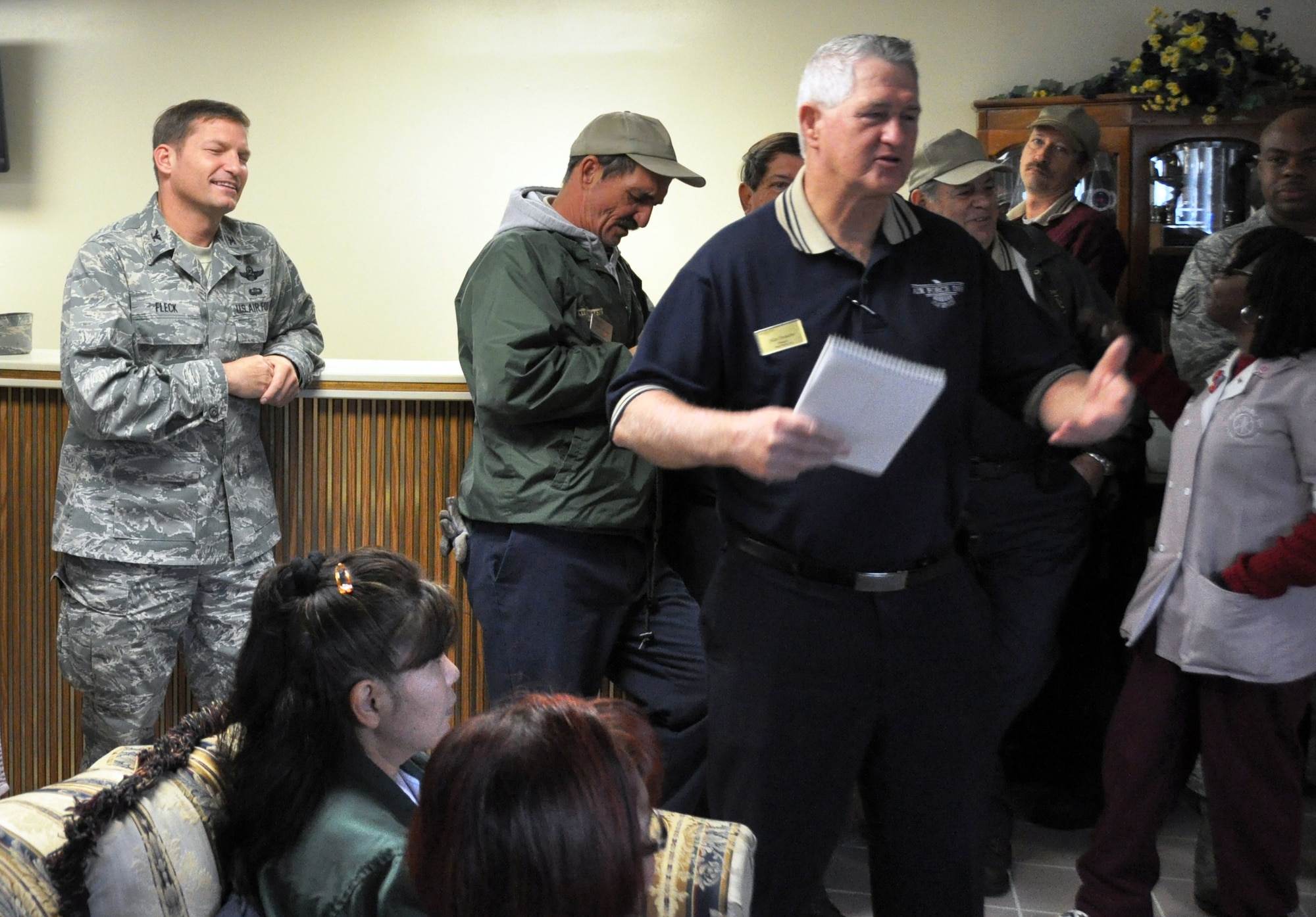 Al Tremaine, 325th Force Support Squadron Lodging Manager, congratulates his lodging staff of their outstanding efforts during the Air Force lodging accreditation standards evaluation inspection.  (U.S. Air Force photo/Senior Airman Veronica McMahon)

