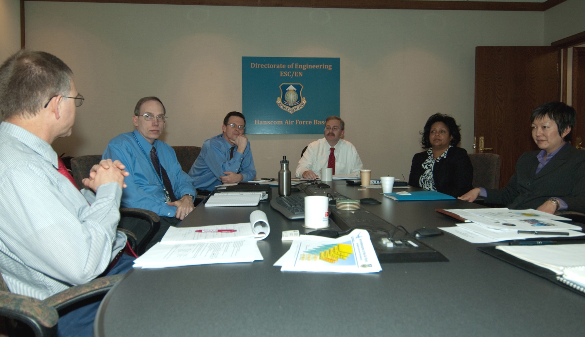 Officials from the Electronic Systems Center and the Federal Aviation Administration discuss mutual interests during a meeting at Hanscom AFB, Mass., Jan. 29.  The participants (from left) included George Mikulanicz of ESC Engineering, Murray Daniels of Engineering, Jesse Wijntjes, FAA National Airspace System chief architect, Dr. Tim Rudolph, ESC chief technology officer, Sabrina Saunders-Hodge, FAA Research Partnership Group manager, Diana Takata, Next Generation Air Transportation System acting chief architect, and (not pictured) Lt. Col. Mark Coluzzi, ESC’s AFRL liaison, and Guy St. Sauveur of ESC’s 653d Electronic Systems Wing. (U.S. Air Force Photo by Rick Berry)