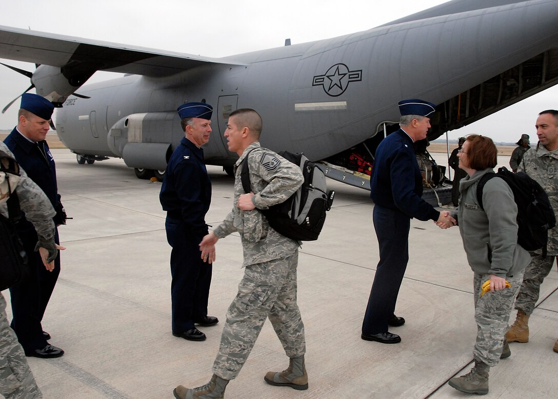 Brig. Gen. O.G. Mannon (right, in blues), 82nd Training Wing commander, greets members of the Air Education and Training Command Inspector General team Feb. 1 at the base operations ramp. The team's arrival marks the beginning of the 82nd Training Wing's Unit Compliance Inspection. Also pictured from Sheppard include Col. Michael Hake, 82nd TRW vice commander, and Command Chief Master Sergeant Chief Master Sgt. Kenneth Sallinger. (U.S. Air Force photo/Mike Litteken)