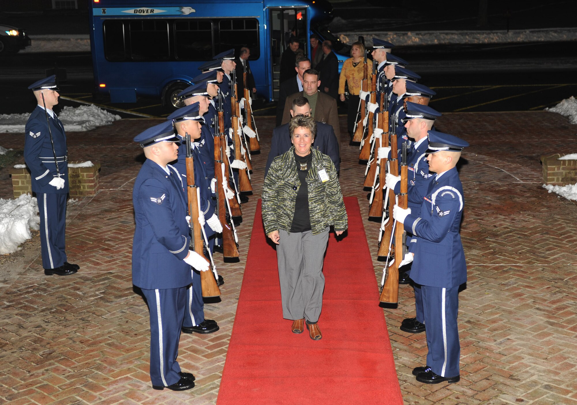 Maj. Gen. Anita Gallentine, Air Force Installation Excellence Selection Board chief, arrives at the Delaware Public Archives Feb. 1 for the evening social for the 2010 Air Force Commander-in-Chief Installation Excellence Award visit. Five Installation Excellence Selection board members are currently evaluating 26 mission areas at Dover Air Force Base, Del., Feb. 1-2. Elmendorf AFB, Alaska, is the other finalist for the award. (U.S. Air Force photo/Roland Balik)
