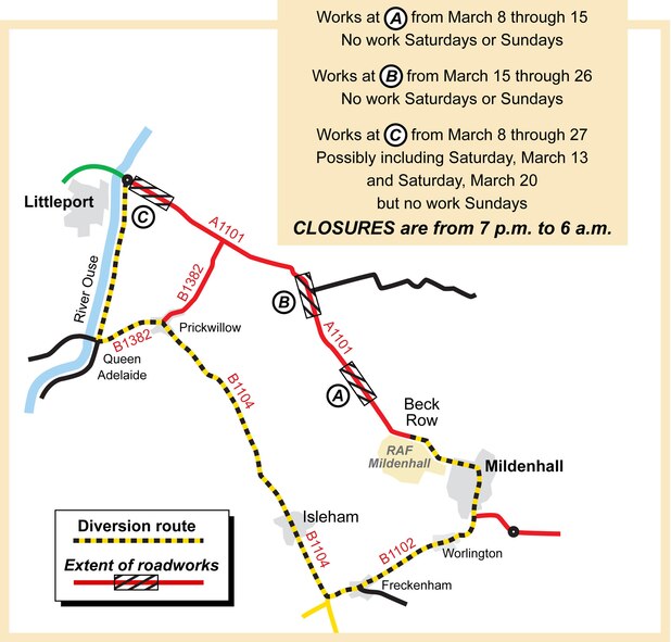 Roadwork on the A1101 will begin March 8 and run through March 27. (U.S. Air Force graphic/Gary Rogers)
