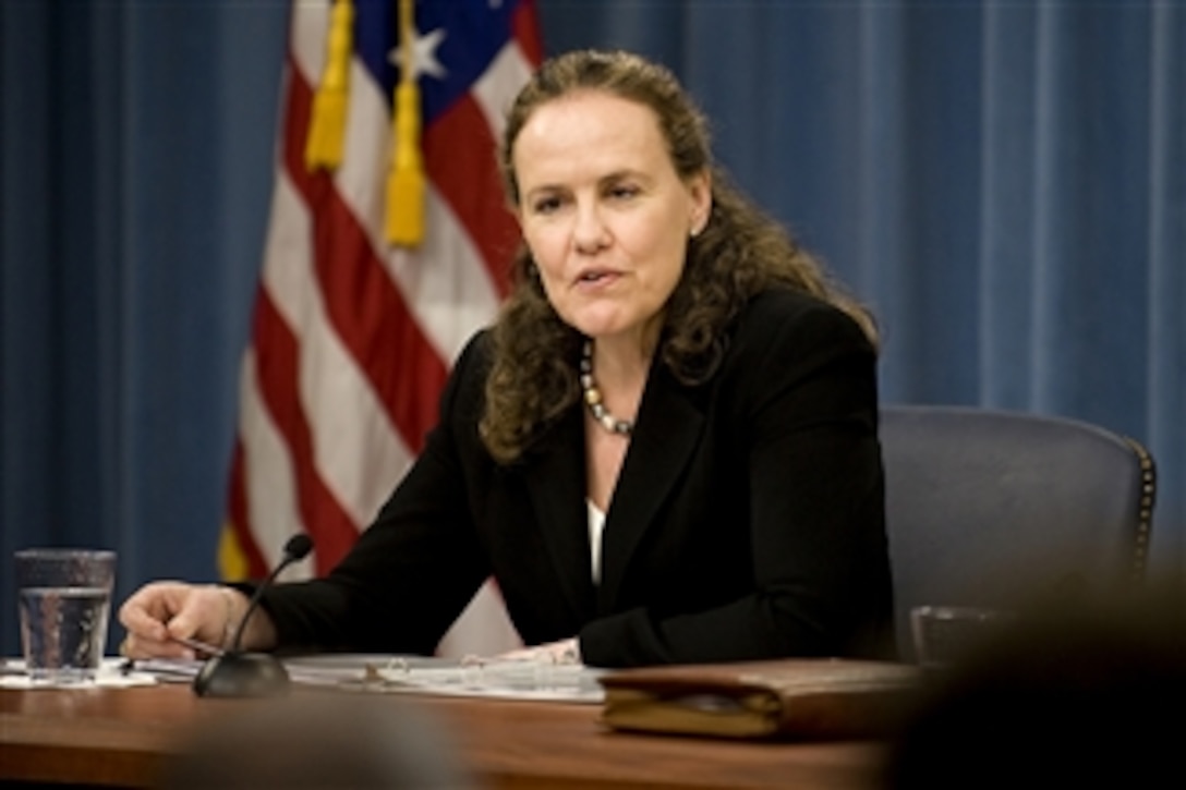 Under Secretary of Defense for Policy Michele Flournoy conducts a press conference with Director of DoD Force Structure Vice Adm. Steve Stanley to discuss the Quadrennial Defense Review and Ballistic Missile Defense Review in the Pentagon on Feb. 1, 2010.  