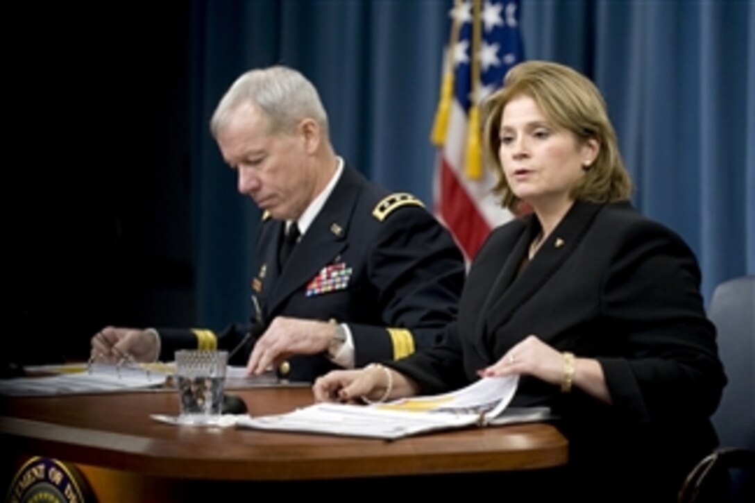 Military Deputy for Army Budget Lt. Gen. Edgar Stanton and Acting Director of Army Budget Kathleen Miller conduct a press conference to discuss the fiscal 2011 Defense budget proposal and the fiscal 2010 supplemental war-funding request in the Pentagon on Feb. 1, 2010.  