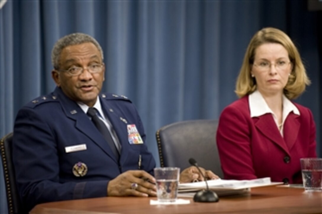 Office of the Assistant Secretary of the Air Force for Financial Management and Comptroller Maj. Gen. Alfred Flowers and Deputy for Budget Marilyn Thomas conduct a press conference to discuss the fiscal 2011 Defense budget proposal and the fiscal 2010 supplemental war-funding request in the Pentagon on Feb. 1, 2010.  