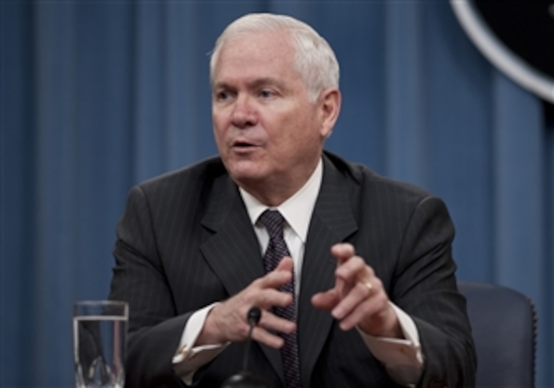 Secretary of Defense Robert M. Gates addresses the media at a press availability regarding the FY 2011 budget rollout in the Pentagon on Feb. 1, 2010.  