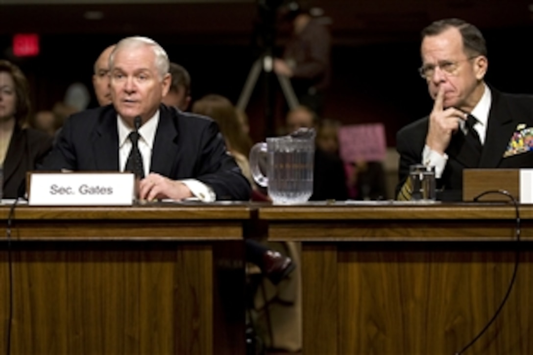 Defense Secretary Robert M. Gates responds to questions during testimony with Navy Adm. Mike Mullen, chairman of the Joint Chiefs of Staff, before the Senate Armed Services Committee in Washington, D.C., Feb. 2, 2010.  