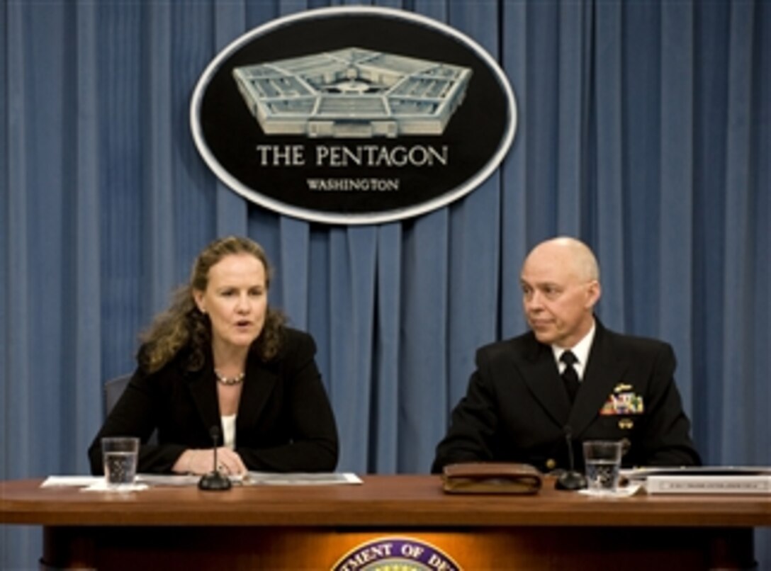 Under Secretary of Defense for Policy Michele Flournoy conducts a press conference with Director of DoD Force Structure Vice Adm. Steve Stanley to discuss the Quadrennial Defense Review and Ballistic Missile Defense Review in the Pentagon on Feb. 1, 2010.  