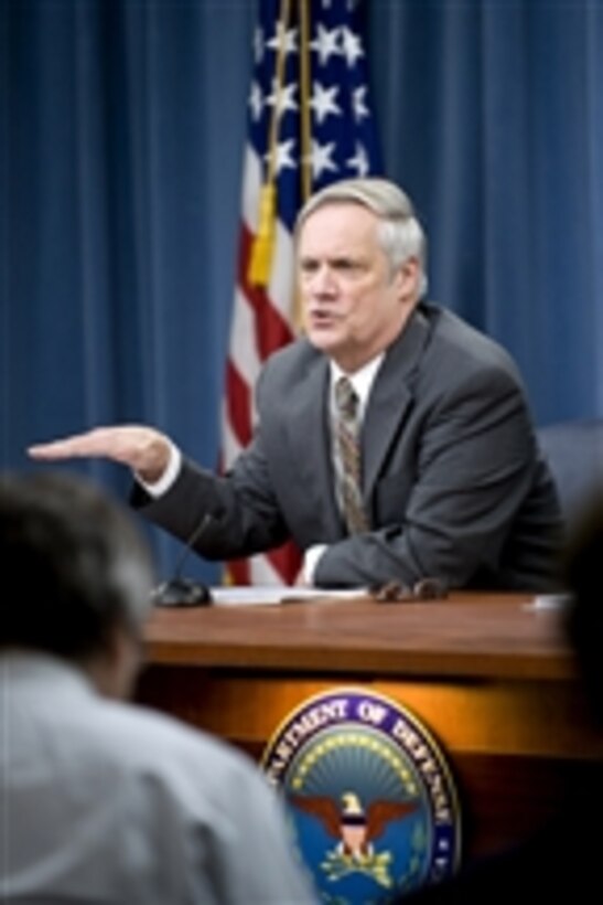 Under Secretary of Defense Comptroller Robert Hale conducts a press conference with Director of DoD Force Structure Vice Adm. Steve Stanley to provide an overview of the fiscal 2011 Defense budget proposal and the fiscal 2010 supplemental war-funding request in the Pentagon on Feb. 1, 2010.  