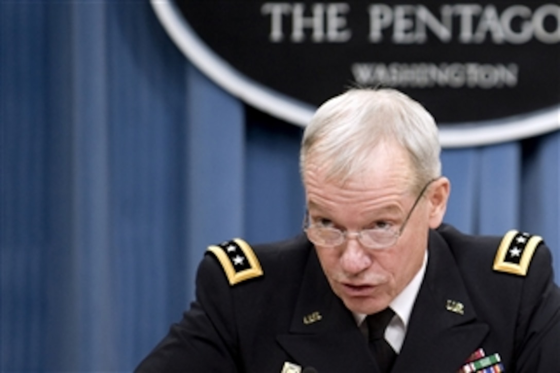 Military Deputy for Army Budget Lt. Gen. Edgar Stanton and Acting Director of Army Budget Kathleen Miller conduct a press conference to discuss the fiscal 2011 Defense budget proposal and the fiscal 2010 supplemental war-funding request in the Pentagon on Feb. 1, 2010.  