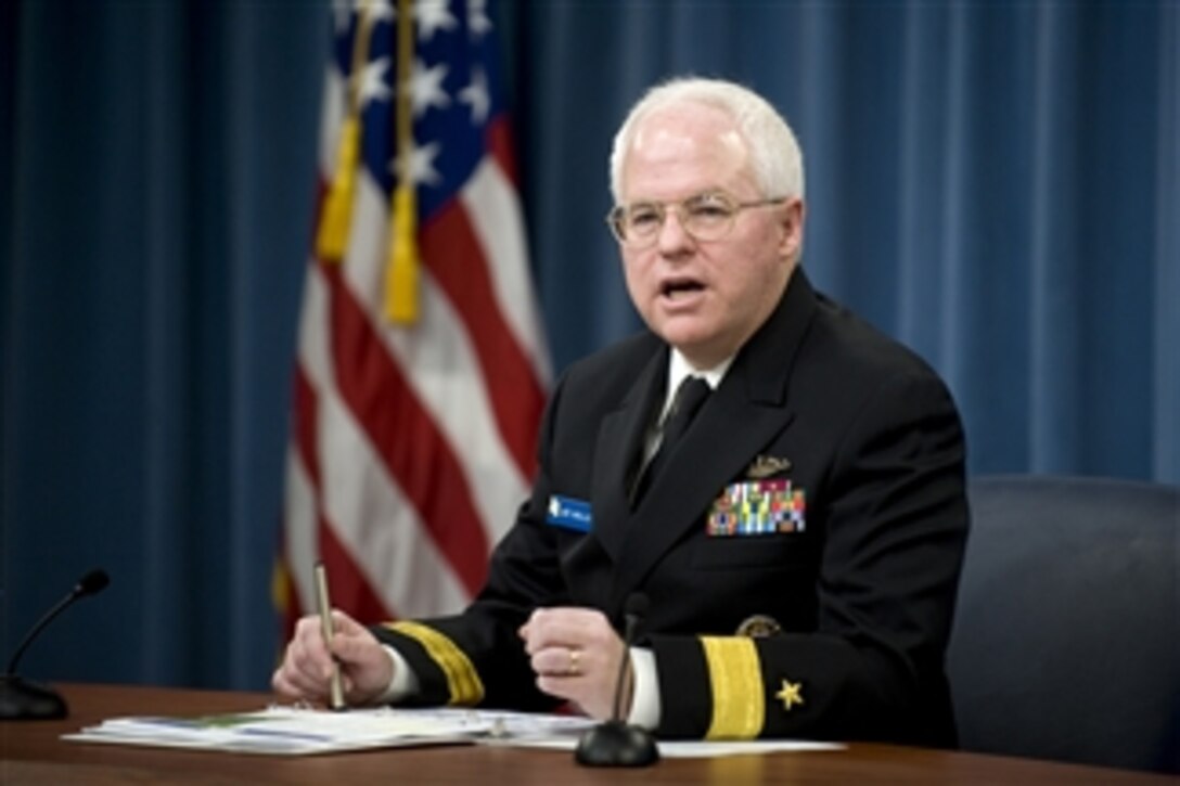 Deputy Assistant Secretary of the Navy for Budget Rear Adm. Joseph Mulloy conducts a press conference to discuss the fiscal 2011 Defense budget proposal and the fiscal 2010 supplemental war-funding request in the Pentagon on Feb. 1, 2010.  DoD photo by Cherie Cullen.  (Released)
